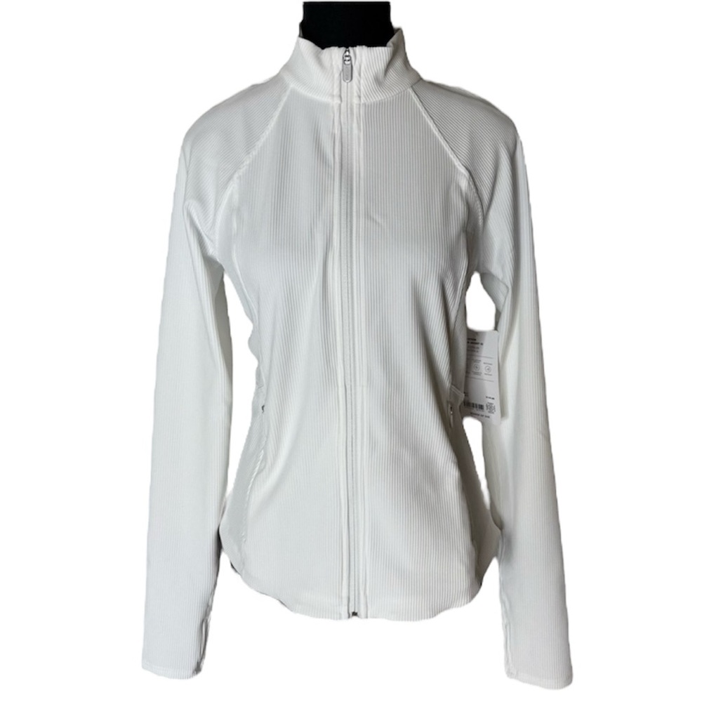 ATHLETA New Salutation Jacket II White Ribbed Zipper Pockets Thumb Holes Large